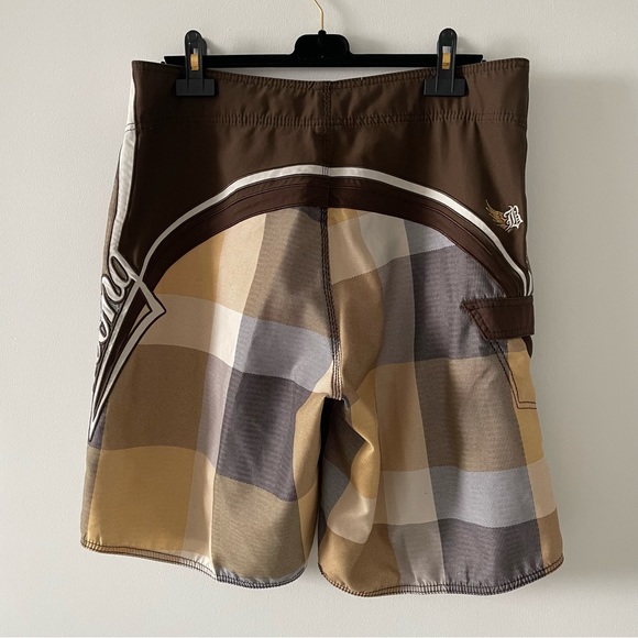 Billabong brown yellow multicolour board shorts swim bathing suit sz 36 pocket - Picture 2 of 2